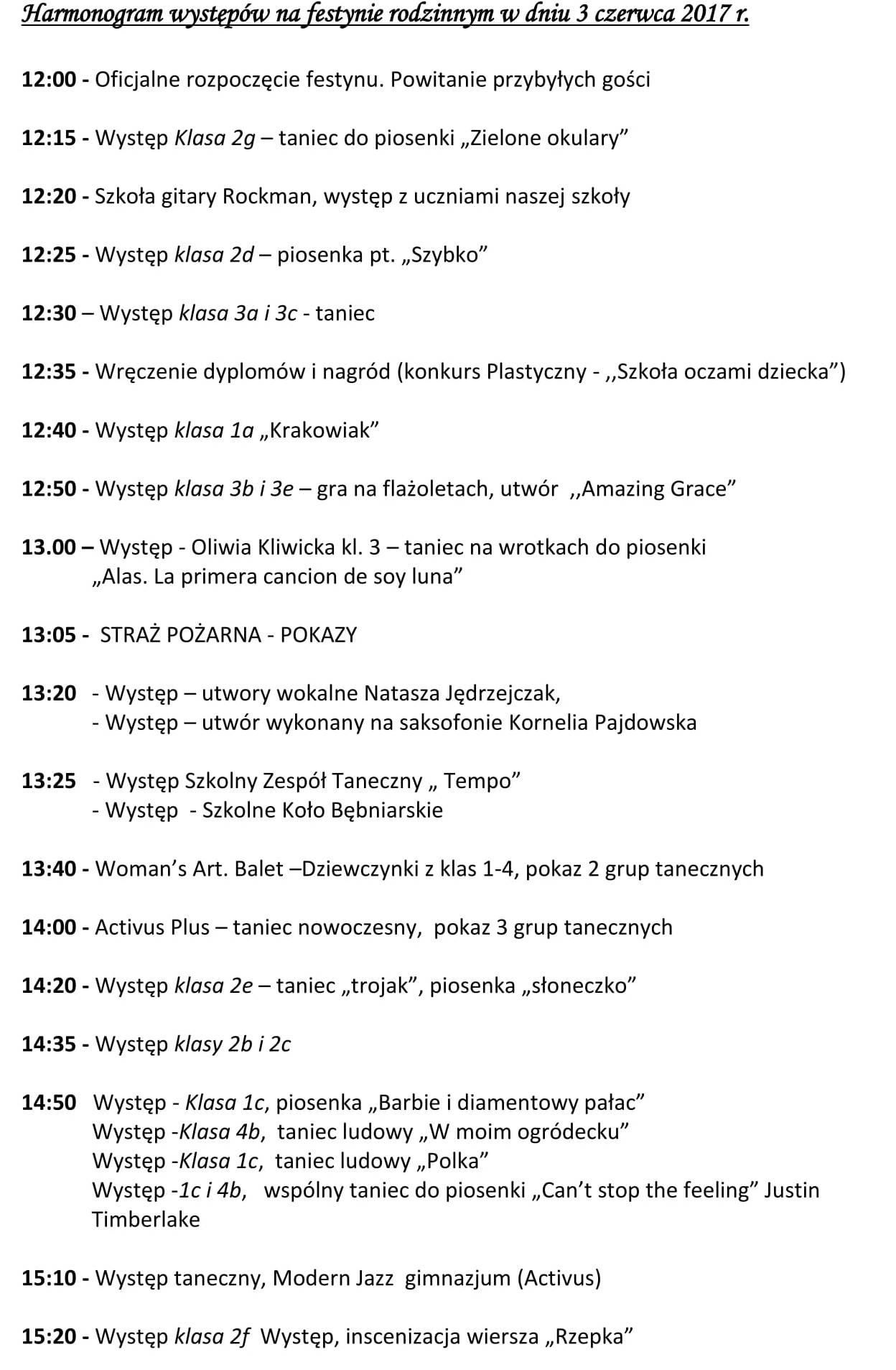 Harmonogram występów na festynie rodzinnym w dniu 3 czerwca 2017 1