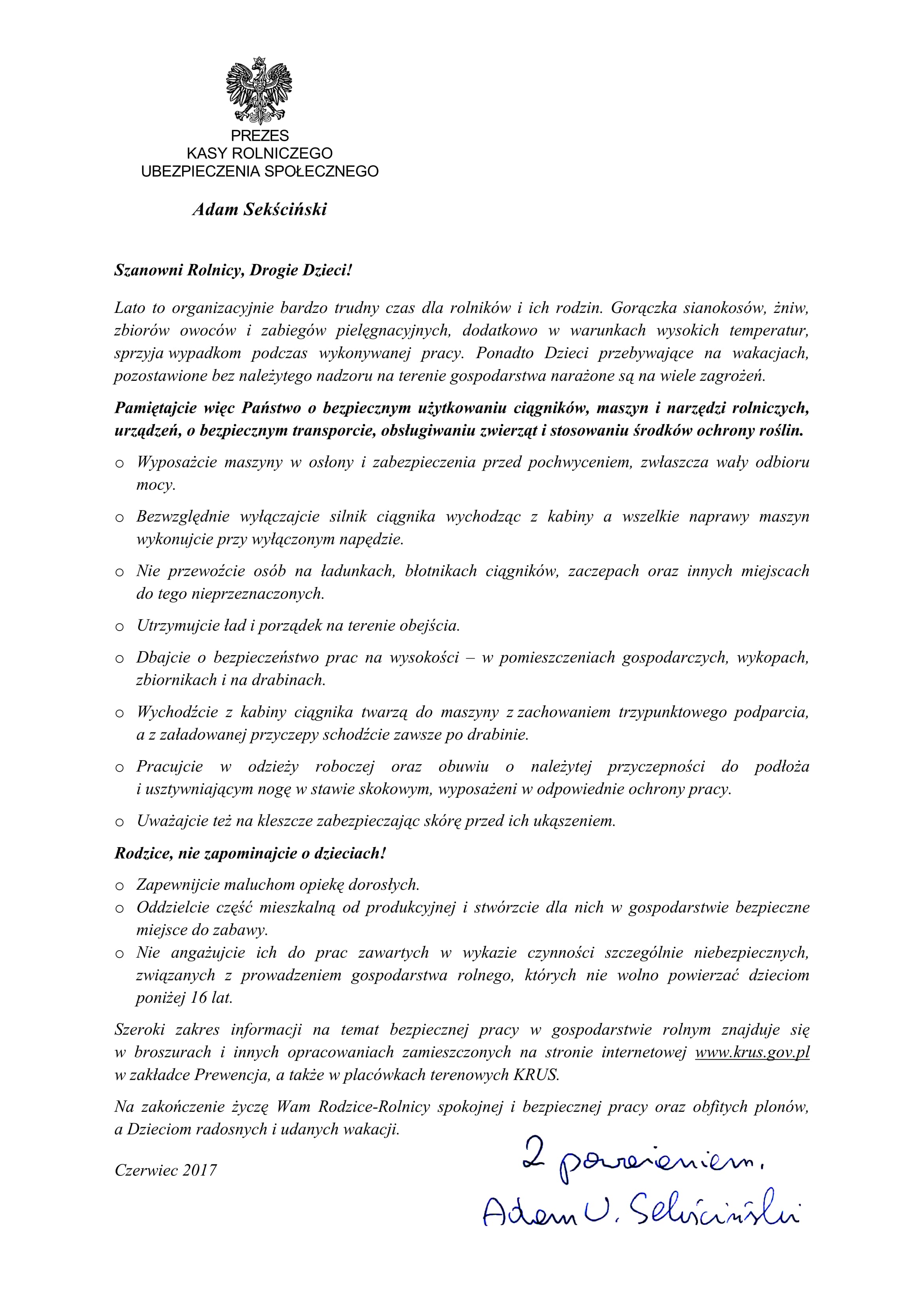 List Prezesa KRUS 1